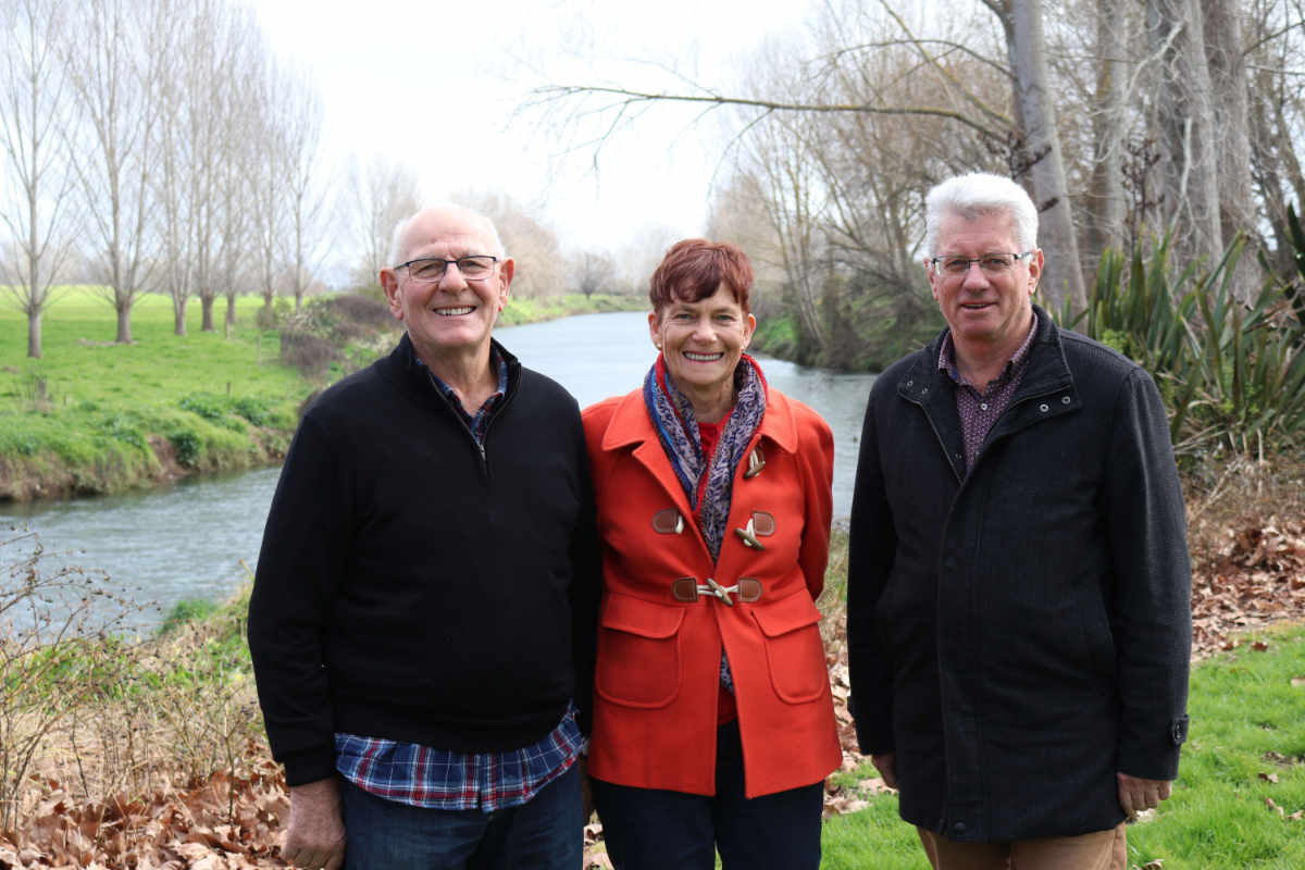 Paeroa Historical Maritime Park’s Colin and Gloria James, left, with Hauraki District Mayor John Tregidga at the site of the Wharf St, Paeroa, development.